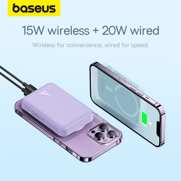 Baseus Magnetic Wireless Power Bank Pass-through Charging 20W 10000Mah for Iphone 15 14 13 12 Series Android Purple  P10059001513-00 - Image 6