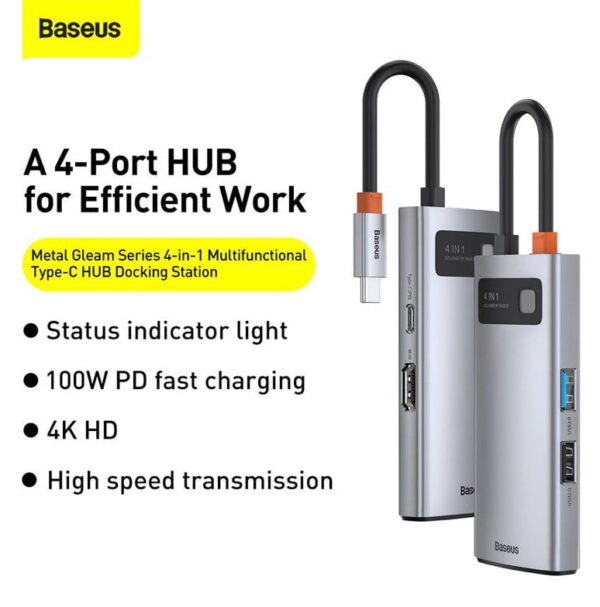 Baseus Metal Gleam Series 4-in-1 Multifunctional Type-C HUB Docking Station Gray CAHUB-CY0G - Image 4