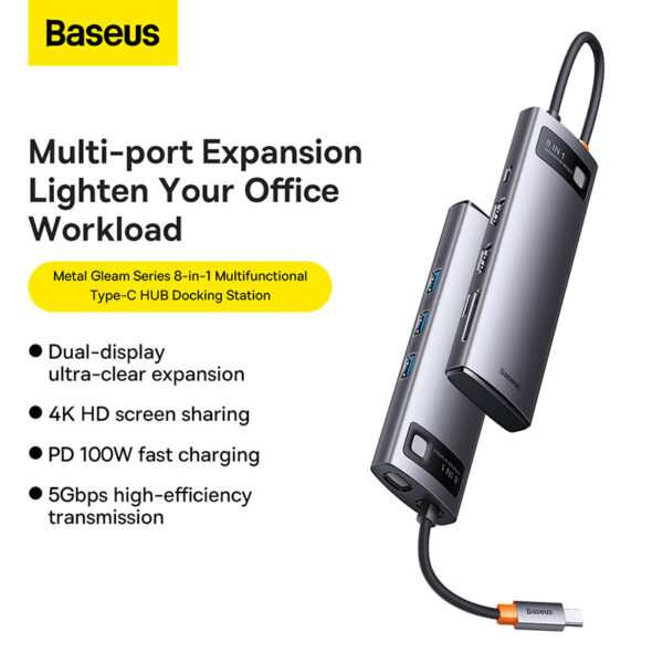 Baseus Metal Gleam Series 8-in-1 Multifunctional Dual HDMI Type-C HUB Docking Station Gray WKWG050113