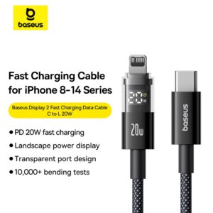 Baseus PD 20W Display 2 Fast Charging Data Cable For Iphone 14 13 12 11 Type-c  to Lightning 1m Cosmic Black P10382703121-00