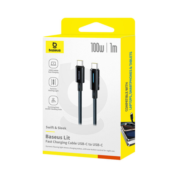 Baseus PD 100W  Lit Button-Control Fast Charging Data Cable USB-C to USB-C  For Macbook Iphone 15 16 Series Samsung Pixel Cosmic Black P10379000121-00 - Image 2