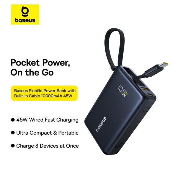 Baseus Power Bank 45W 10000mAh PicoGo Digital Display With Built-in Type-c Cable For Iphone 15 16 Samsung Pixel  P10076803123-00