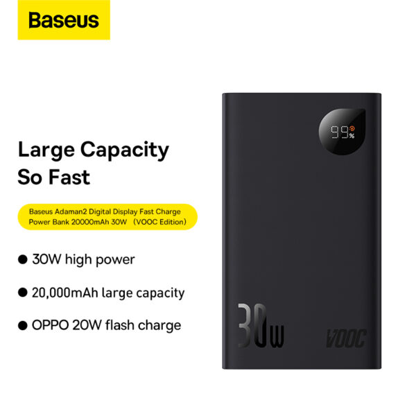 Baseus Power Bank Adaman 2 30W 20000Mah VOOC  Edition  Fast Charging power bank With USB To Type-c to 0.3m  PPAD050001