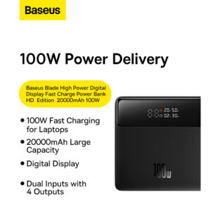 Baseus Power Bank Blade Digital Display Fast Charging Power Bank HD Edition 20000mAh 100W Black For Mobile laptop  -3 Months Replacement Warranty