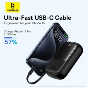 [ Premium ] Baseus Power Bank QPOW Pro+ 22.5W 20000mAh  With Built-in Type-c Cable   Specially For Iphone 15 Pro Max 15 Series - P10067103113-00