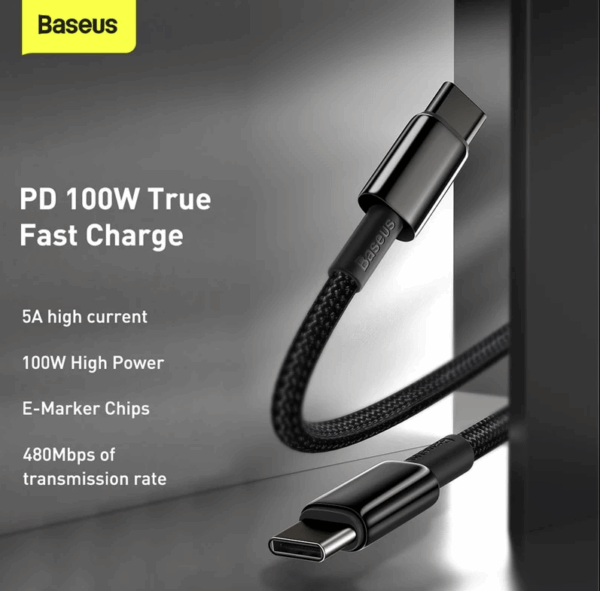 Baseus CATWJ-A01 Tungsten Gold Fast Charging Data Cable Type-C to Type-C 100W 2m Black - Image 4