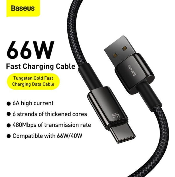 Baseus Tungsten Gold Fast Charging Data Cable USB to Type-C 66W 2m Black CATWJ-C01