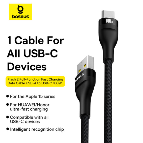 Baseus Flash 2 USB To Type-C Cable For Iphone 15 16 Series Samsung Pixel Oneplus Huawei Black 2M P10311804111-01