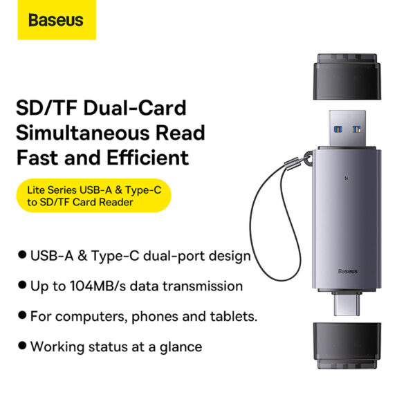 Baseus Card Reader Dual Output USB-A  & Type-C to SD TF Card Reader WKQX060113  Grey