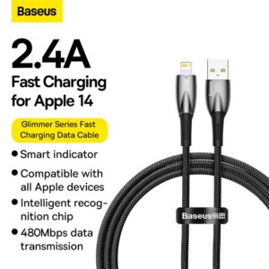 Baseus Cable For Iphone 5 6 7 8 9 X 11 12 13 14 Series  Glimmer Series Fast Charging Data Cable USB to iP 2.4A 2m Black CADH000301