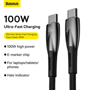 Baseus Cable Type-C to Type-C PD Charging 100W  Glimmer Series Fast Charging Data Cable 2m BLACK For Phone & Laptop CADH000801