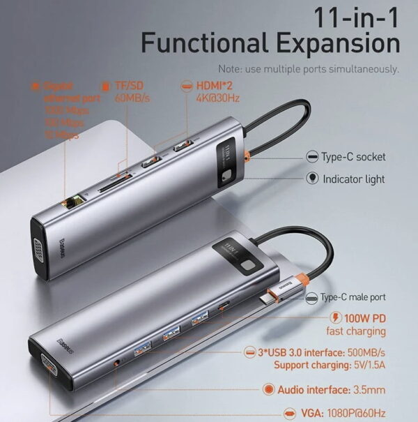 Baseus HUB Type-C CAHUB-CT0G Metal Gleam Series 11-in-1 Multifunctional Docking Station Space Gray - Image 2