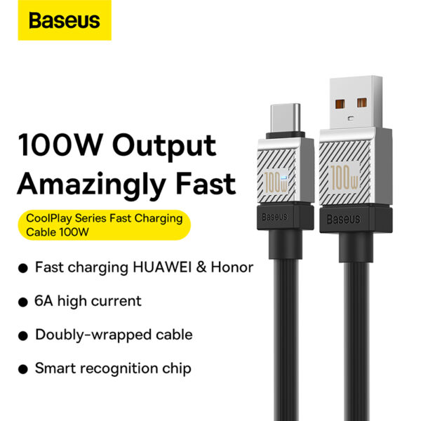 Baseus Cable 100W USB-A To Type-C CoolPlay Series Doublly-Wrapped Premium Quality Fast Charging Cable CAKW000601 1M Black