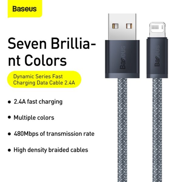 Baseus Cable Dynamic Series Fast Charging Data USB to Lightning For Iphone 5 6 7 8 X Xr  X Xs Max 11 12 13 14 2.4A 1m Slate Gray CALD000416