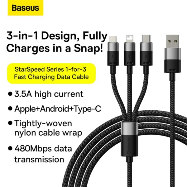 Baseus Short Cable StarSpeed 3in1 Fast Charging Data Cable USB to Micro Type-C Lightning  3.5A 0.6m Black  P10319900111-00