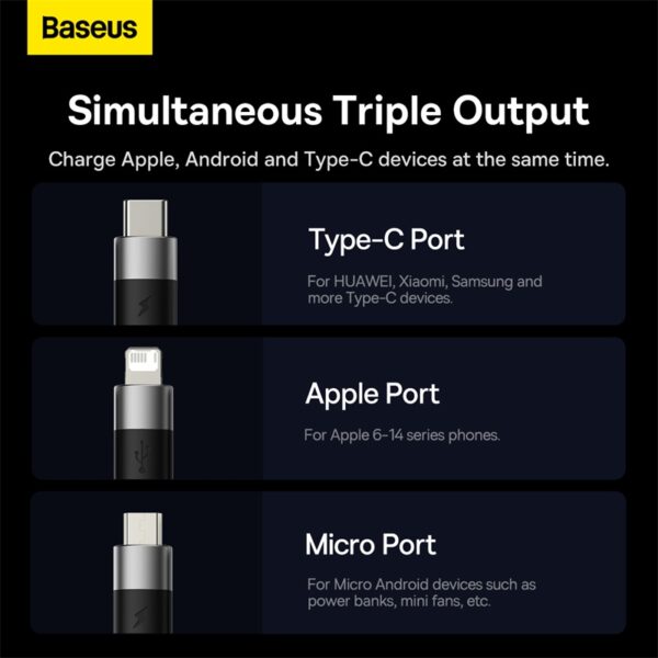 Baseus Short Cable StarSpeed 3in1 Fast Charging Data Cable USB to Micro Type-C Lightning  3.5A 0.6m Black  P10319900111-00 - Image 3