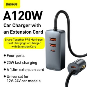 Baseus Car Charger Share Together PPS multi-port Fast charging car charger with extension cord 120W 2x USb 2X Type-C Gray CCBT-A0G