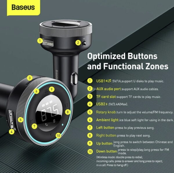 Baseus CCLH-01 Enjoy Car Wireless 5.0 MP3 3.4A Charger FM  modulator - Image 2