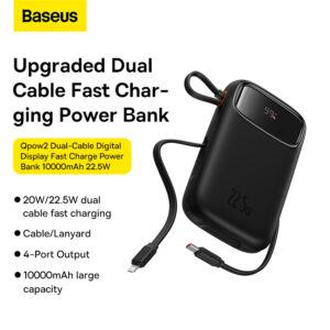 BASEUS Power Bank 22.5W 10000mAh Built-In Lightning & Type-c Cable Qpow 2 Digital Display Fast Charging Power Bank Black -P10055003113-00