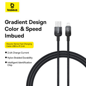 Baseus  Cable USB  to Lightning 20W Discolor Series For Iphone 14 13 12 11 x BLACK 1M P10374900111-00