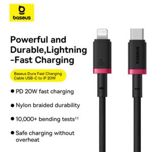 Baseus Cable For Iphone PD 20W Dura Series Fast Charging Cable Type-C to Lightning 1m Red+Black P10377800U01-01
