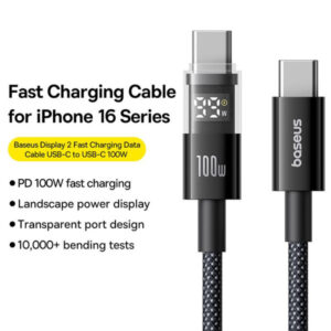 Baseus Display 2 Type-C to Type-C 100W Cable For Iphone 15 16 Samsung S25 S24  Pixel Macbook 1m