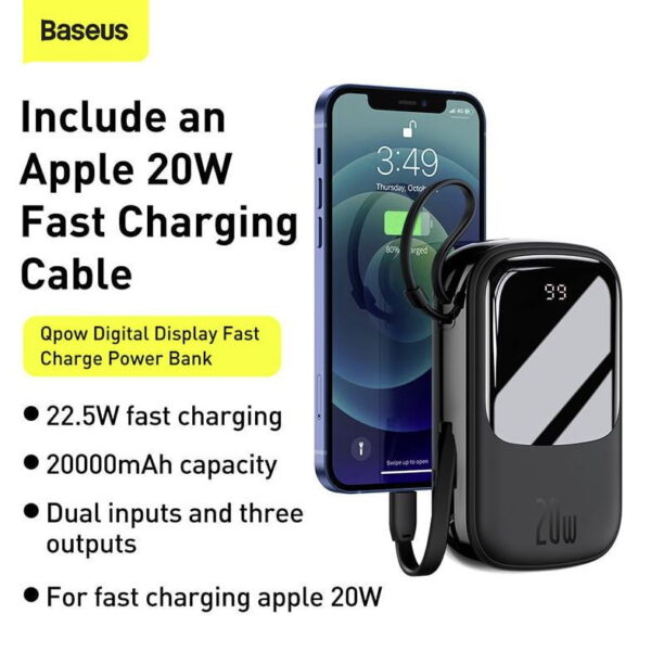 Baseus Power Bank 20000mAh Qpow Digital Display 20W  Iphone Lightning Cable Black PPQD-H01 - Image 2