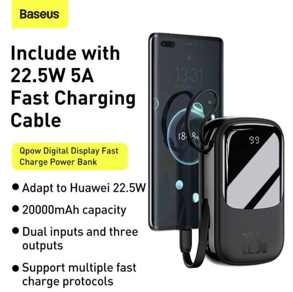 Baseus Qpow Digital Display quick charging power bank 20000mAh 22.5W  With Type-C Cable  Black PPQD-I01 - Image 5