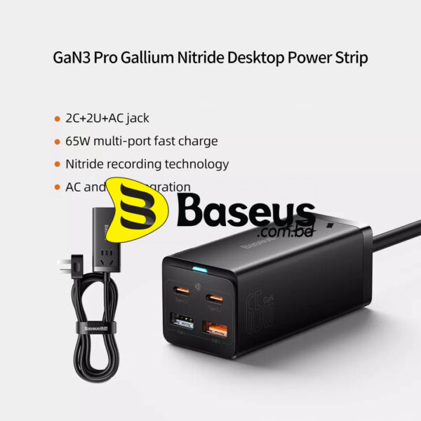 Baseus Charger GaN3 pro 65W desktop fast charge Patch panel charging head 2C 2A AC jack black PSZM000001