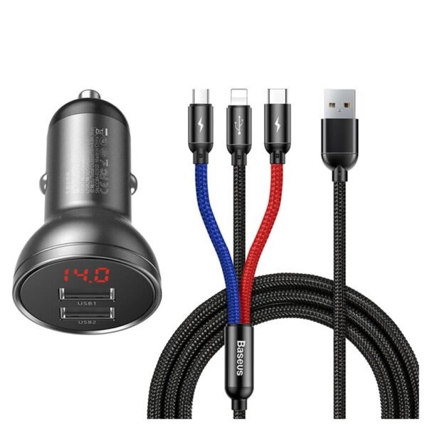 Baseus Car Charger Dual USB 4.8A 24W  With Three in one Cable 1m TZCCBX-0G