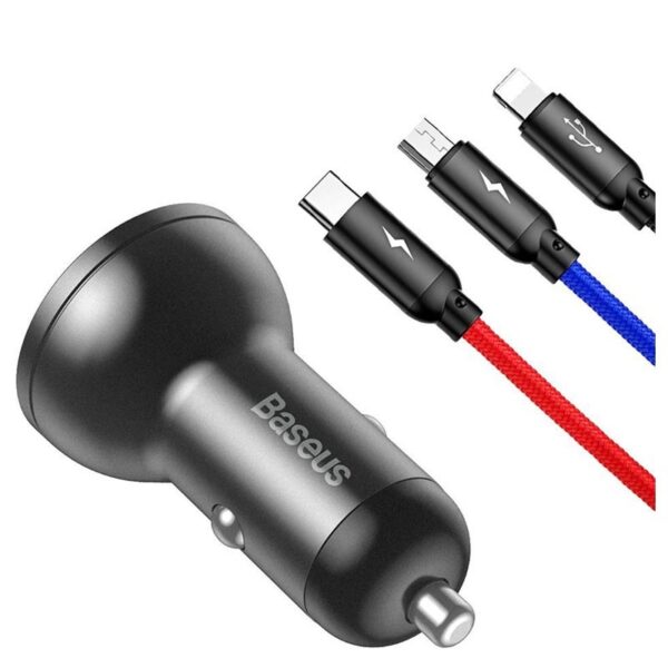 Baseus Car Charger Dual USB 4.8A 24W  With Three in one Cable 1m TZCCBX-0G - Image 2