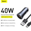 Baseus Golden Contactor Pro Dual Quick Charger Car Charger U+C 40W USB Type-C 5A 1.0m Cable Dark Gray TZCCJD-0G
