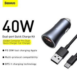 Baseus Golden Contactor Pro Dual Quick Charger Car Charger U+C 40W USB Type-C 5A 1.0m Cable Dark Gray TZCCJD-0G