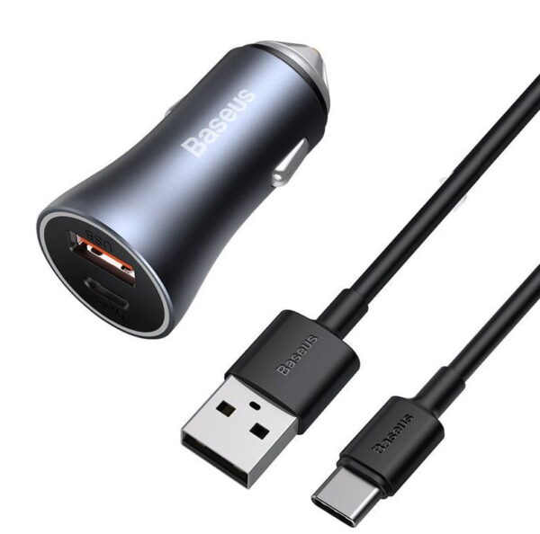 Baseus Golden Contactor Pro Dual Quick Charger Car Charger U+C 40W USB Type-C 5A 1.0m Cable Dark Gray TZCCJD-0G - Image 2