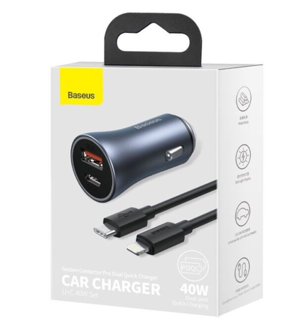 Baseus Car Charger Golden Contactor Pro Dual Quick Charger U+C 40W With Type-C to Lightning For Iphone Data Cable 1m Black Dark Gray TZCCJD-B0G - Image 4