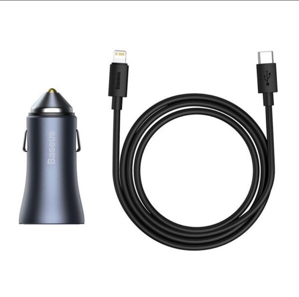 Baseus Car Charger Golden Contactor Pro Dual Quick Charger U+C 40W With Type-C to Lightning For Iphone Data Cable 1m Black Dark Gray TZCCJD-B0G - Image 2