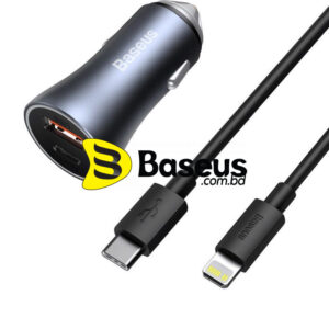 Baseus Car Charger Golden Contactor Pro Dual Quick Charger U+C 40W With Type-C to Lightning For Iphone Data Cable 1m Black Dark Gray TZCCJD-B0G