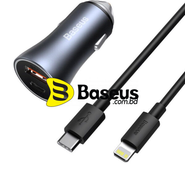 Baseus Car Charger Golden Contactor Pro Dual Quick Charger U+C 40W With Type-C to Lightning For Iphone Data Cable 1m Black Dark Gray TZCCJD-B0G