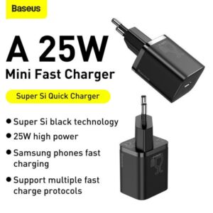 Baseus Charger 25W Super Si Quick Adapter 1C  EU Sets Black With Type-C to Type-C Cable 3A 1m Black TZCCSUP-L01