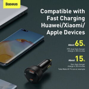 Baseus Superme Digital Display PPS 65W+30W Dual Quick Car Charger with Type-C to Type-C 100W 1m Black