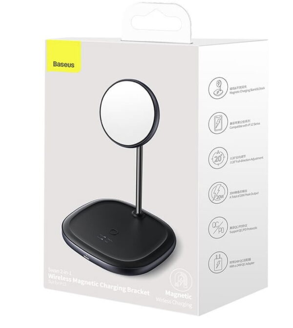 Baseus Swan 2-in-1 Wireless Magnetic Charging Bracket 20W Quick Charger 12V 2A  With USB For type-C 3A 1m Black - Image 7