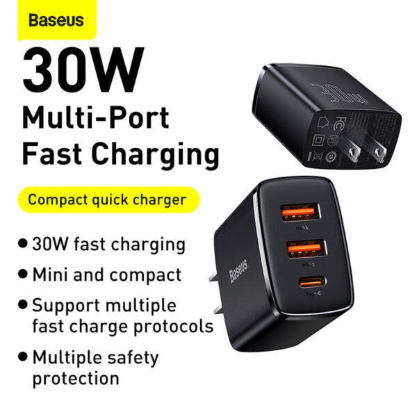 BASEUS Compact Quick Charger 2U+C Three Ports 30W Travel Power Adapter CN Plug - Black CCXJ-C01 -3 Months Replacement Warranty