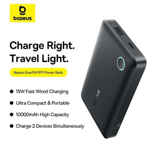 Baseus Power Bank FP11  EnerFill 10000mAh 15W With Type-c to Type-c Cable Black P1008210C123-00