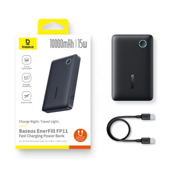 Baseus Power Bank FP11  EnerFill 10000mAh 15W With Type-c to Type-c Cable Black P1008210C123-00 - Image 3