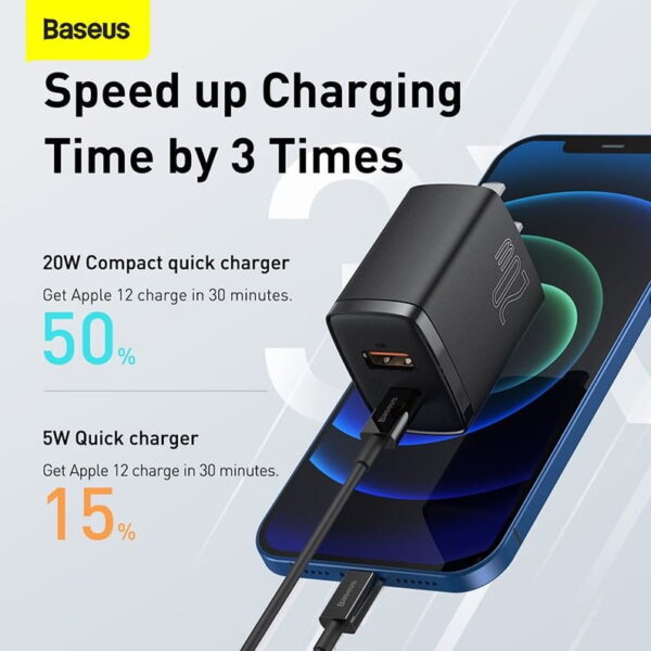 Baseus 20w charger CCXJ-01 Compact Super Quick Charger Dual Port U+C  CN/US Black - Image 8