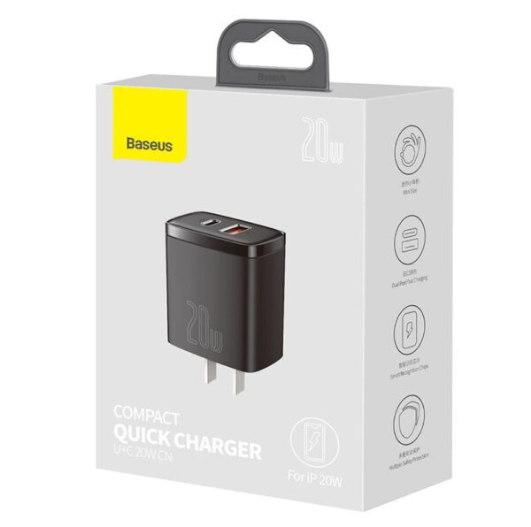 Baseus 20w charger CCXJ-01 Compact Super Quick Charger Dual Port U+C  CN/US Black - Image 4