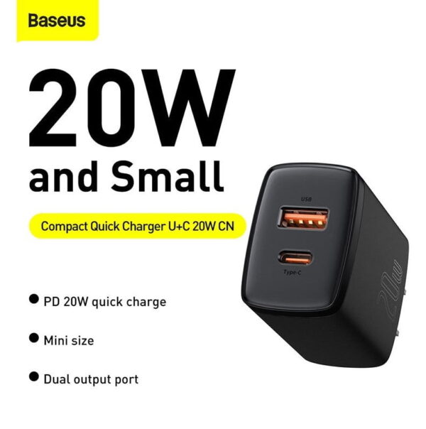 Baseus 20w charger CCXJ-01 Compact Super Quick Charger Dual Port U+C  CN/US Black