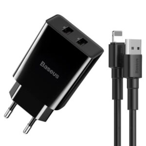 Baseus Charger 10.5w Speed Super mini Dual USb EU Plug With USB to Lightning Cable Set Black TZCCFS-R01