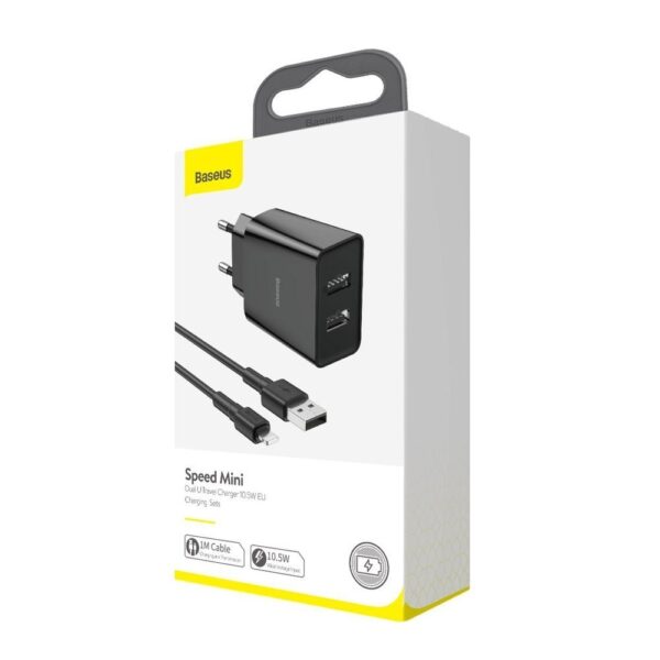 Baseus Charger 10.5w Speed Super mini Dual USb EU Plug With USB to Lightning Cable Set Black TZCCFS-R01 - Image 3