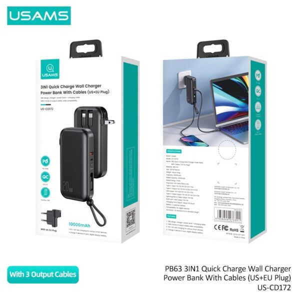 USAMS US-CD172 PB63 3IN1 Quick Charge Wall Charger Power Bank With Cables (US+EU Plug) 10000mAh - Image 2